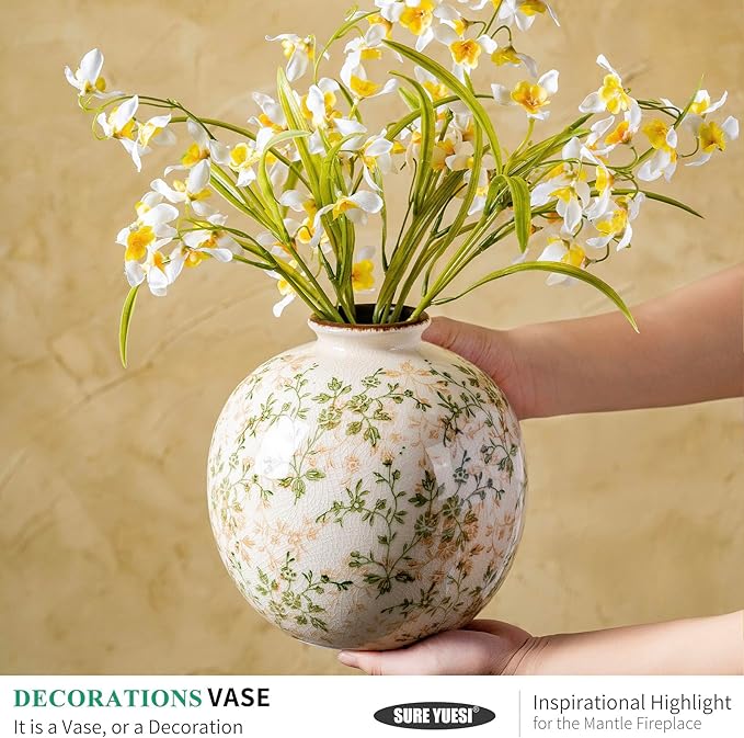 Set of 2 Vases, Green and Beige Pastoral Vintage Vase Set for Flowers, Rustic Farmhouse Decorative Vases for Home Decor, Chinoiserie Floral Vase, Living Room Table Centerpiece