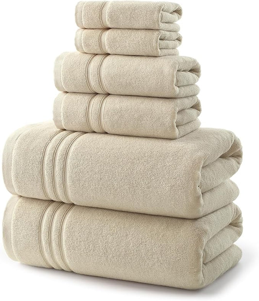 REDKISS 6 Piece Luxury Bath Towel Set - 100% Cotton Towels for Bathroom, 600 GSM Premium Beige Towels of 6, Includes 2 Large Bath Sheets, 2 Hand Towel, 2 Washcloths, Highly Absorbent