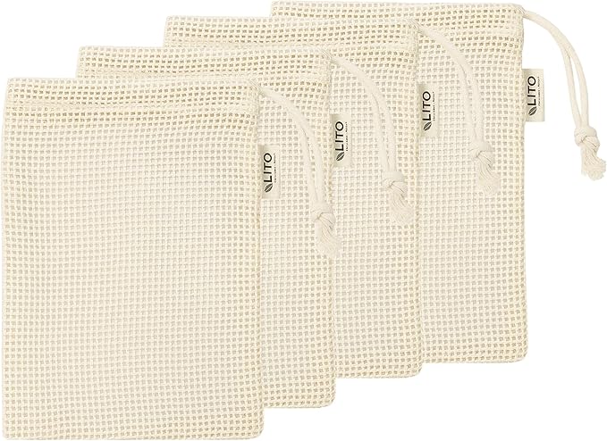 Organic Cotton Mesh Produce Bags – Large Reusable Grocery Bags (4 Pack) | Washable, Lightweight & Breathable Storage for Fruits, Vegetables, Bulk Foods & Zero Waste Living 10"x18"