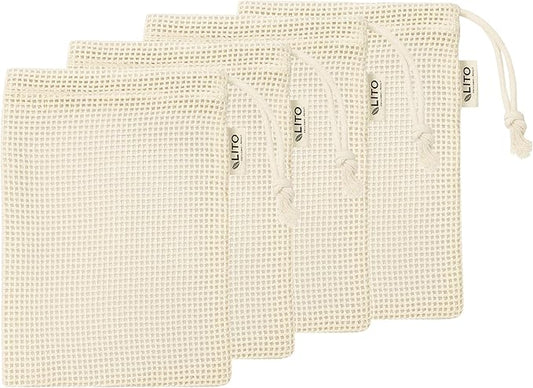 LITO LINEN AND TOWEL Organic Cotton Mesh Produce Bags – Small Reusable Grocery Bags (4 Pack) | Washable, Lightweight & Breathable Storage for Fruits, Vegetables, Bulk Foods & Zero Waste Living 7"x10"