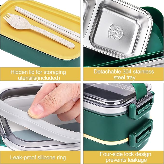 Stainless Steel Bento Box for Adults&Kids,Japanese Leakproof Lunch Box Divided Food Meal Storage Containers Set Stackable 2 Layer for Children School Picnic Green