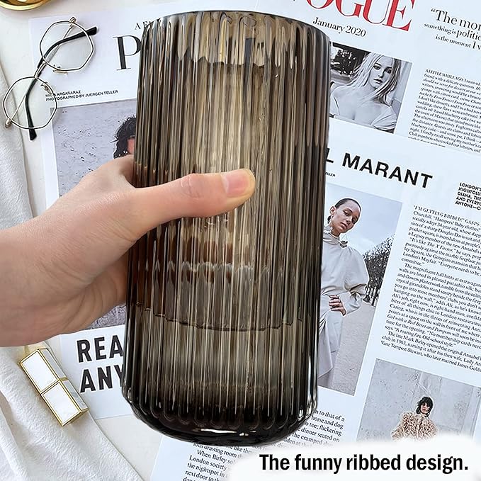 Muyan 7.5" Flower Vase for Decor Ribbed Glass Vase Modern for Centerpieces Desktop Home Office Dining Living Room Wedding (Amber)