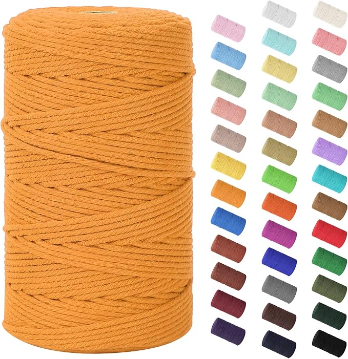 HOMEBOBO Macrame Cord 3mm x 220Yards (656Feet)Natural Cotton Macrame Rope - 4 Strands Twisted Macrame Cotton Cord for Wall HangingPlant HangersCraftsGift Wrapping and Wedding DecorationsGolden Yellow