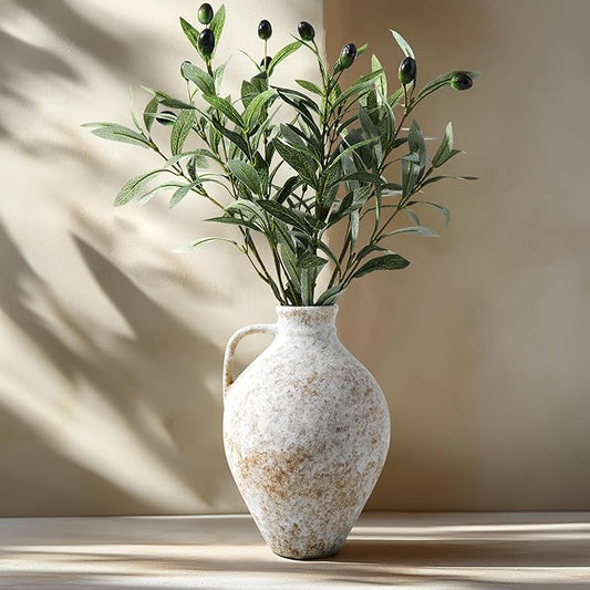 Vintage Ceramic Vase with Fake Olive Branches, Farmhouse White Vase with 2Pcs Faux Olive Plant Greenery for Home Bedroom Living Room Side Table Entryway Dining Table Decor
