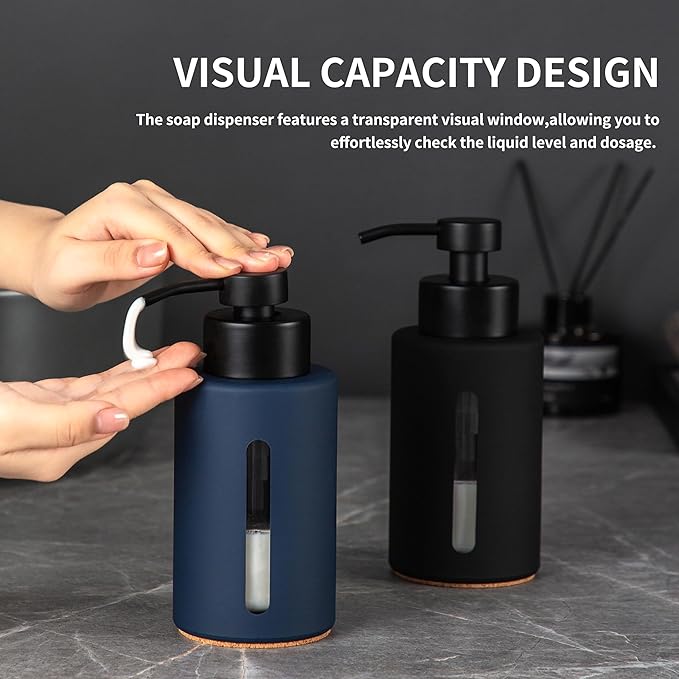 Enra Glass Hand Soap Dispenser,12oz Navy Blue Liquid Bathroom Soap Dispenser with Stainless Steel Lotion Pump for Bathroom Kitchen (Blue)