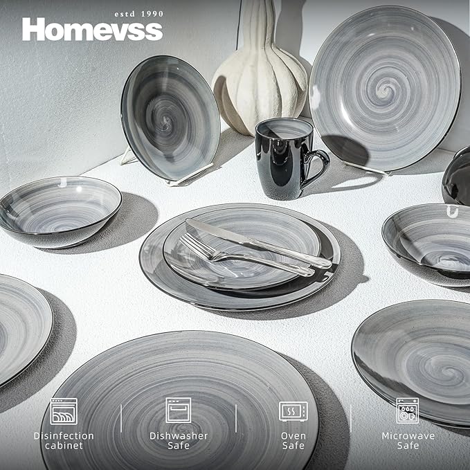 Sonoma Stoneware Dinnerware Set, Outside Black + Inside Hand Painting Color (16pc Set, Grey)