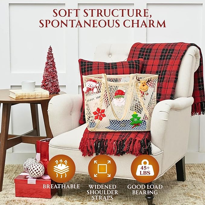 Ofiray-home Cotton Christmas Tote Bag for Woman, Reusable Mesh Grocery Bags with Handles, Greeting Card, Ideal Xmas Gift