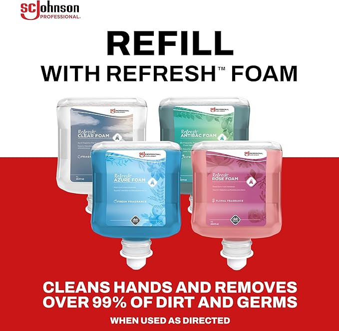 SC Johnson Professional Clear FOAM Dispenser and Refill Starter Kit, Wall Mount Soap Dispenser for Hand Soap, 1 Refresh Clear FOAM Hand Wash, 1 Liter Cartridge, 33.8 fl. oz., for Professional Use Only