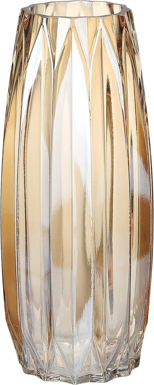 Amber Glass Vase - Modern Tall/Short Ribbed Vase for Flowers & Candles - Amber H11.8" Centerpiece HomeDecor