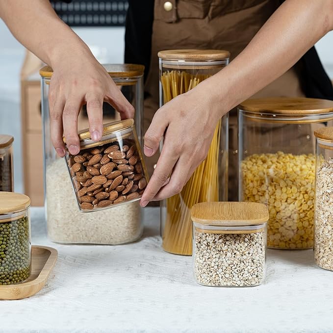 22oz Straight cylindrical Airtight Storage Jars with Bamboo Lid Set of 6 Storage Container Stackable Spice Jar, Kitchen Canister for Sugar, Tea, Cookies and Coffee beans (with Black Lable)