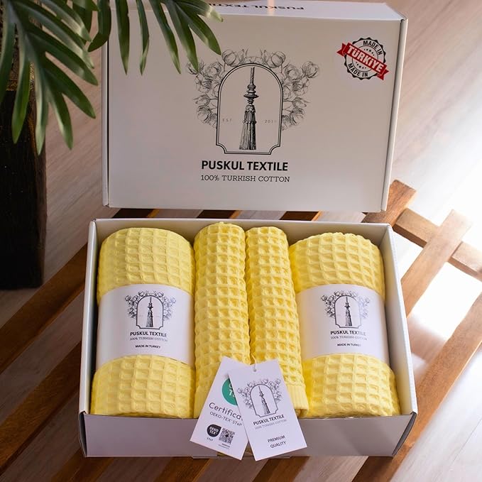 PÜSKÜL - Premium Waffle Towel Set 4 Pieces Yellow - Organic 100% Turkish Cotton Quick-Dry Towels for Bathroom Made in Turkiye (Light Yellow, Towel Set - 2 Hand & 2 Bath Towels)