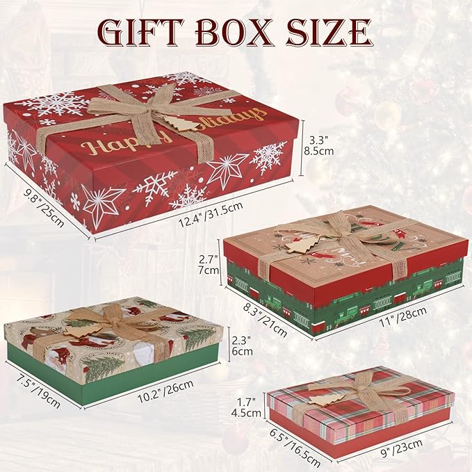 Christmas Gift Boxes with Lids for Presents Large Set of 4 Gift Boxes Bulk Red Brown in Assorted Designs with Bows Decor Wrapping Robe Boxes Xmas Gift Boxes for Christmas Birthdays Wedding Wrap Gifts