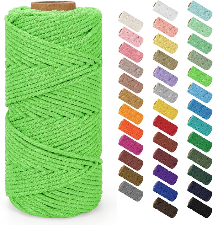 Macrame Cord 4mm x 109Yards (328Feet), Natural Cotton Macrame Rope - 4 Strands Twisted Macrame Cotton Cord for Wall Hanging, Plant Hangers, Crafts, Gift Wrapping and Wedding Decorations, Grass Green