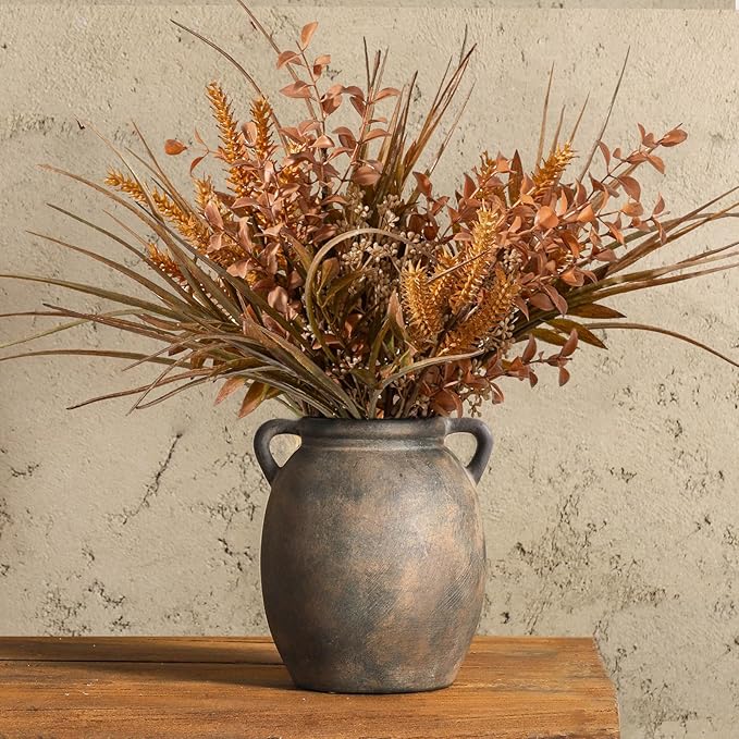 Ceramic Flower Vase 7.6 inch Farmhouse Rustic Vase Decorative Pottery Terracotta Vases for Home Decor Table Mantle Fireplace Living Room Bathroom Wedding Centerpiece (Black)