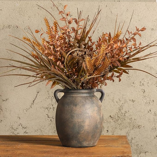 Ceramic Flower Vase 7.6 inch Farmhouse Rustic Vase Decorative Pottery Terracotta Vases for Home Decor Table Mantle Fireplace Living Room Bathroom Wedding Centerpiece (Black)