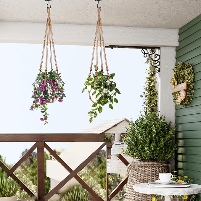 Jute Macrame Plant Hanger Indoor Set of 4 Hanging Planter Basket Flower Pot Holder with Decorative Wood Beads & No Tassels for Indoor Outdoor Boho Home Decor, 35 Inch Brown (Pots Not Included)