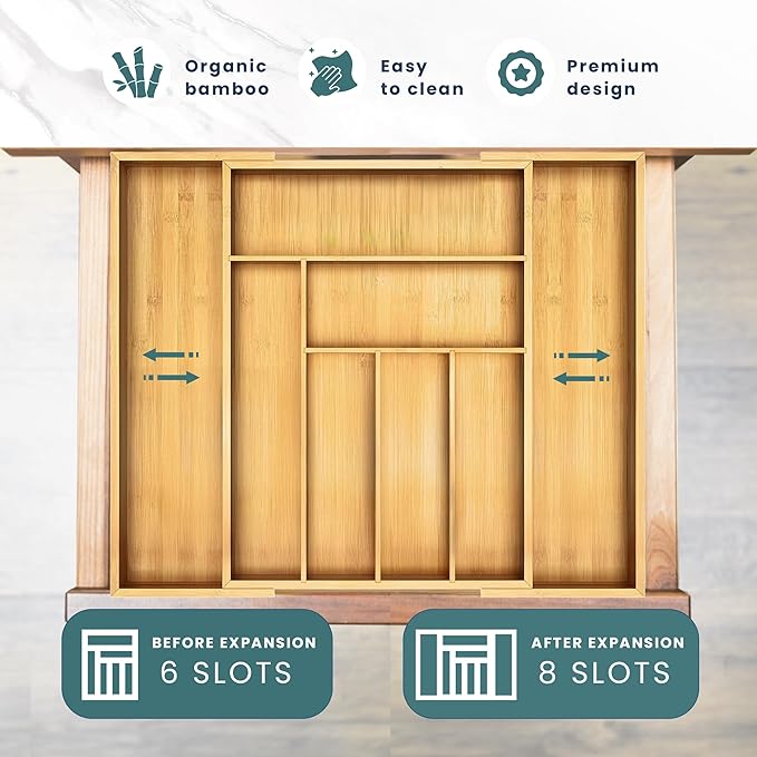 Sben Expandable Drawer Organizer for Utensils Holder, Adjustable Cutlery Tray, Wood Drawer Dividers Organizer for Silverware, Flatware, Knives for Kitchen (Bamboo)