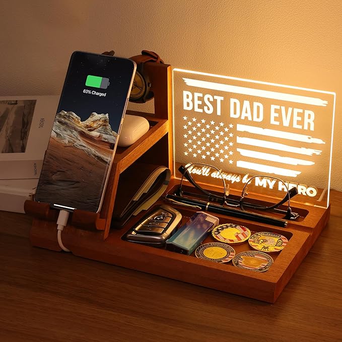Attivolife Gifts for Dad Men Husband, LED Phone Docking Station Desk Organizer, Cell Phone Stand with Night Light, Best Dad Ever Gift for Father's Day, Key Holder, Stand for Wallet Watch Essentials