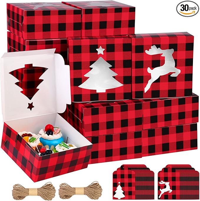 Ruisita 30 Pack Christmas Cupcake Boxes Plaid Cookie Gift Boxes Food Treats Container with Tags for Cupcake, Candy, Party Favors (Red+Black, 6.3 x 6.3 x 3 Inches)