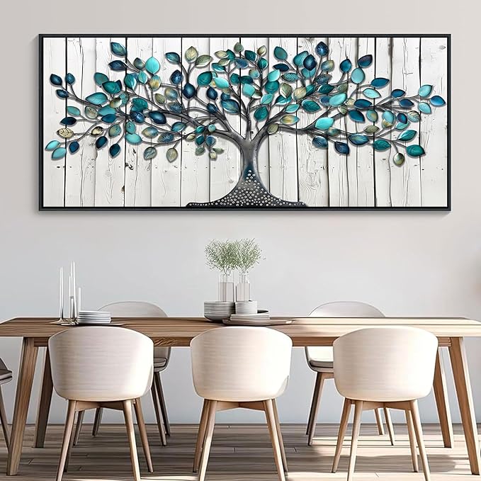 CHATYOUNG Large Trees Wall Art - Teal Leaves Gray Wood Texture Background Paintings Abstract Tree of Life Pictures Artwork for Living Room Bedroom Office Kitchen Home Decor 71"x32"