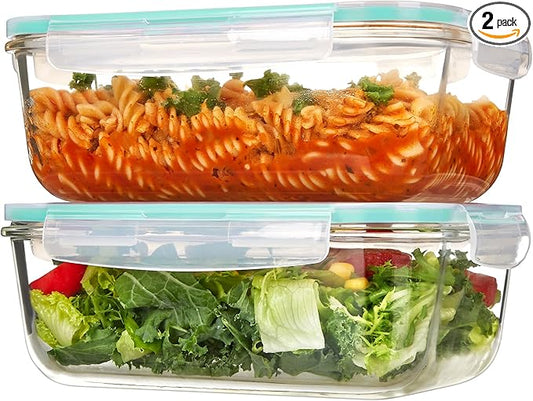 Vtopmart 2Pack 1860ml/63oz Large Glass Containers Food Storage with Lids, Meal Prep Food Container Set with Snap Airtight Lid for Baking, Microwave, Oven, Leak Proof, for Freezer, Dishwasher, Green