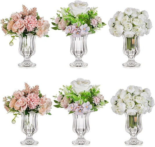 Glasseam Compote Flower Vase Set of 6, Small Pedestal Vases for Centerpieces, Crystal Clear Glass Vases for Flowers, Ribbed Decorative Vase Decor Footed Urn for Dining Table Decoration, 5.7in