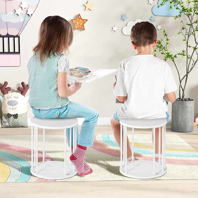 HDANI Wooden Stool Set of 2 for Kids,Adults,300lbs Load Capacity Garden Round Wood Stool,Non-Slip Small Step Stool for Plant Stand,Kitchen,Bathroom and Bedroom,White