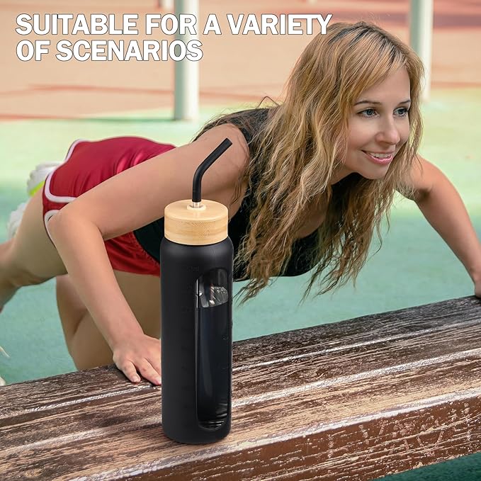 32oz Glass Water Bottle with Straw and 2 Lids- Bamboo and Spout Lid,Motivational Sports Water Bottle with Silicone Sleeve and Time Marker,Reusable for Gym, Outdoors, Black