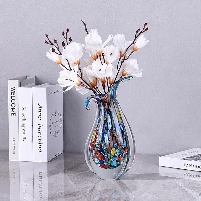 Hand Blown Glass Vase for Centerpiece, Murano Style Table Decoration, Blue Blown Art Glass Ellipse Flower Vase, Single Stem Beautiful Decor for Home, Beachy Room Decor for Home Shelf