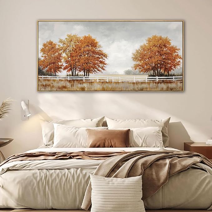 yiijeah Orange Wall Art - Large Canvas Living Room Wall Decor Fall Burnt Orange Tree Picture Ruict Landscape Poster Framed Artwork for Bedroom Office Home Decoration 48x24
