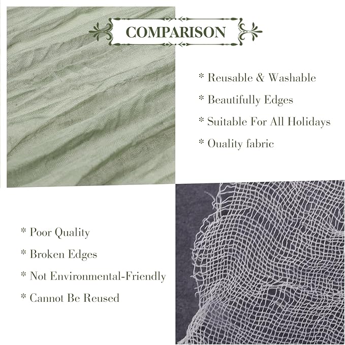 Le courant 3 Pieces 10Ft Cheesecloth Table Runner, Rustic Boho Gauze Cheese Cloth Runner Table Runner for Weddings Bridal Baby Shower Birthday Holiday Parties Home Decor, Sage Green