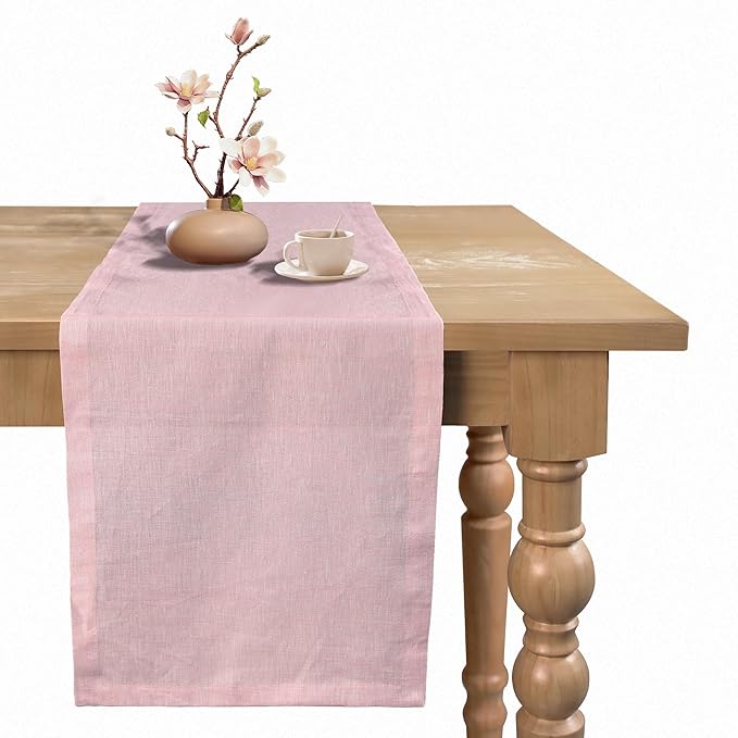 Small Coffee Farmhouse Table Runner for Fall, Thanksgiving, Christmas, and Winter - Athena - 100% Pure Linen - 14 x 48 Inches - Bubblegum Pink