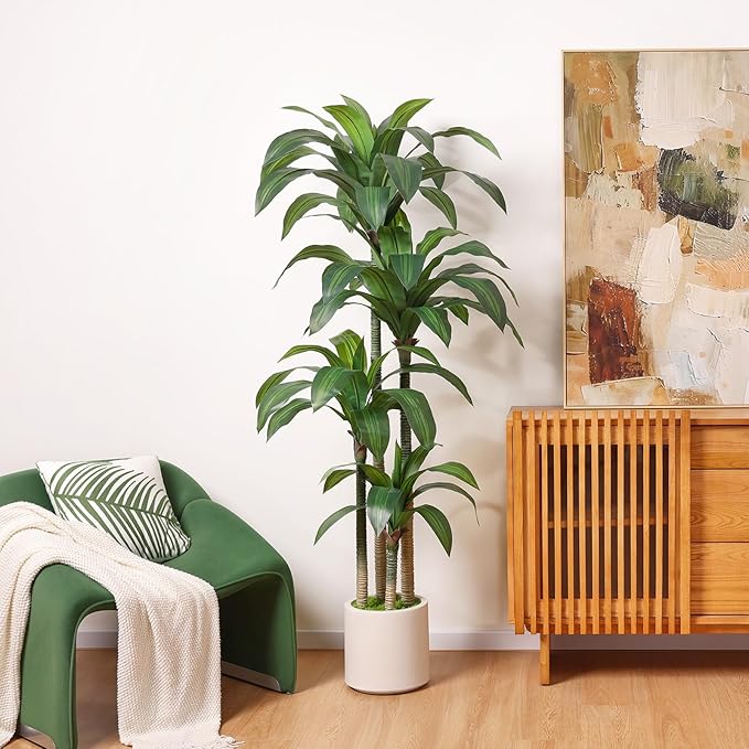 Artificial Dracaena Tree 6ft, Tall Fake Dracaena Plants with White Planter, Faux Dragon Tree Indoor Floor Plant for Home Decor Office Living Room Porch Housewarming, 1Pcs