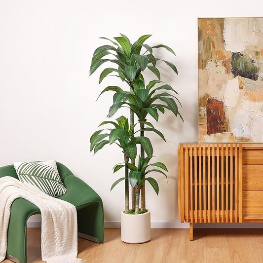 Artificial Dracaena Tree 6ft, Tall Fake Dracaena Plants with White Planter, Faux Dragon Tree Indoor Floor Plant for Home Decor Office Living Room Porch Housewarming, 1Pcs