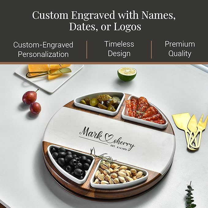 Shanik Acacia Wood Lazy Susan Cheese Board Set – Rotating Charcuterie Platter with 4 Ceramic Bowls & Knives, Round Serving Tray for Weddings & Parties