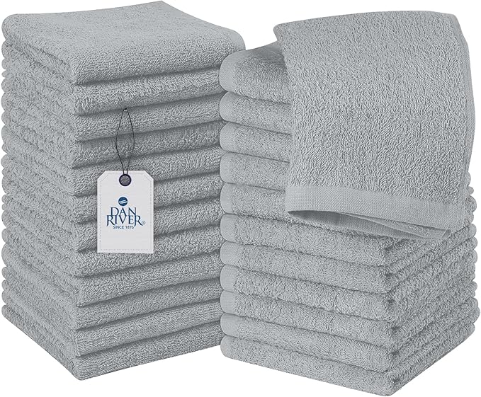 DAN RIVER 100% Cotton Wash Cloths 24 Pack [12x12] Soft & Absorbent Terry Cloth washcloths, Gym, Hotels & Spa Perfect for Everyday Use Fingertip Towels, Silver