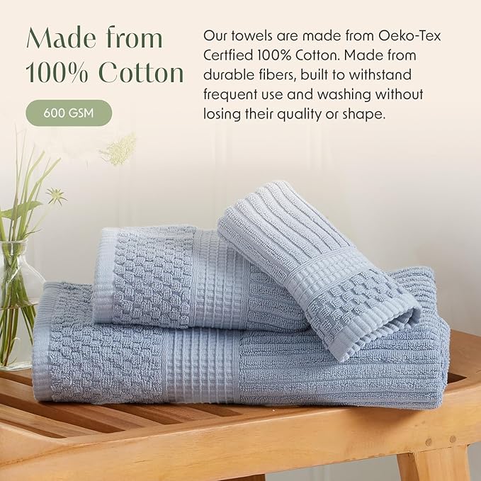 Springtree Home 100% Cotton Bath Towel Set | 6 Piece Set | Absorbent & Quick-Dry Bath Towels | Textured and Durable Cotton | Krista Collection - Dusty Blue