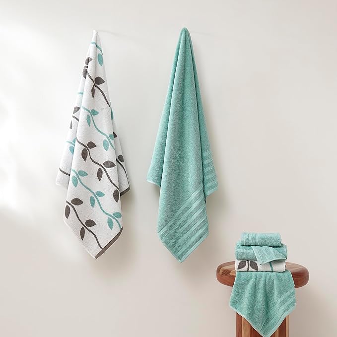 Modern Threads Organic Vines 6-Piece 100% Cotton Towel Set – Yarn Dyed Jacquard & Solid – Includes 2 Bath Towels, 2 Hand Towels, 2 Washcloths – Absorbent, Quick Dry, Soft & Durable – Aqua