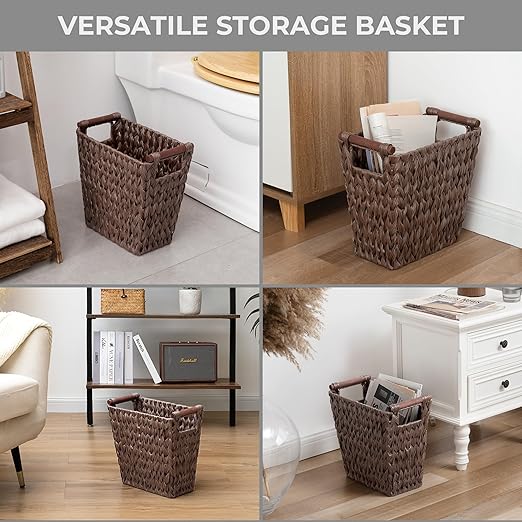 GRANNY SAYS Woven Trash Basket, Brown Wastepaper Basket with Handles, Wicker Bathroom Trash Can for Dorm Laundry Room, 1-Pack, 13" x 7 ½" x 12 ½"