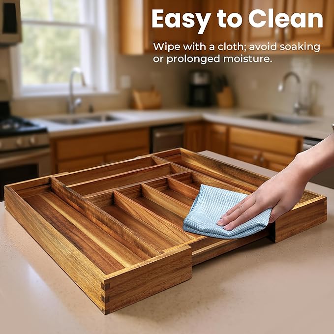 Acacia Wood Expandable Silverware Organizer, Kitchen Utensil Drawer Organizer for Forks & Spoons, 8-Compartment Cutlery Tray, Flatware Holder