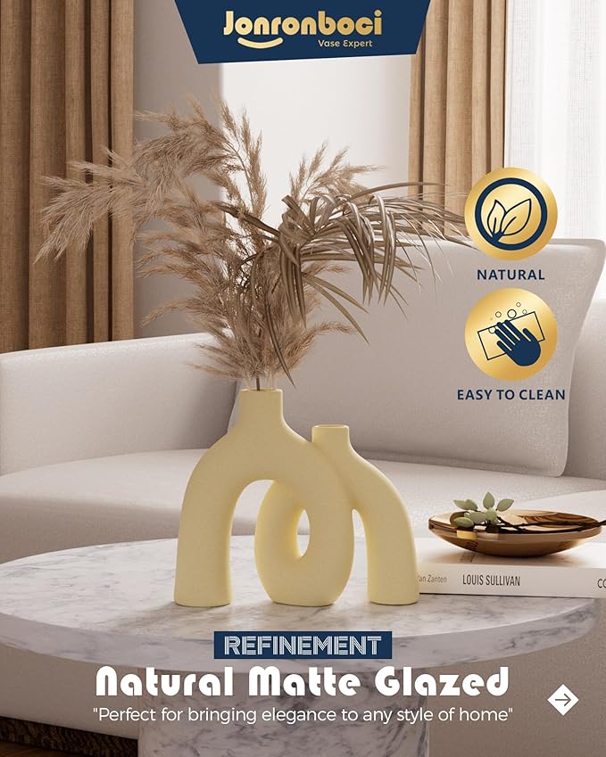 Hug Donut Decorative Vase Set - Beige Vase, Modern Nordic Boho Style Vases Home Decor, Matte Ceramic Decorations for Living Room Shelf, Bookshelf Mantle Entryway Table or Console Décor (Beige)