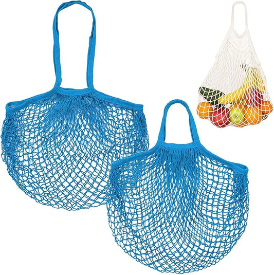 2-Pack Cotton Mesh Bag, Reusable Washable Mesh Net String Grocery Bags, Reusable Produce Bags with Handle, Net Tote Bag for Fruits/Vegetables Shopping [Blue, Long&Short Handle]