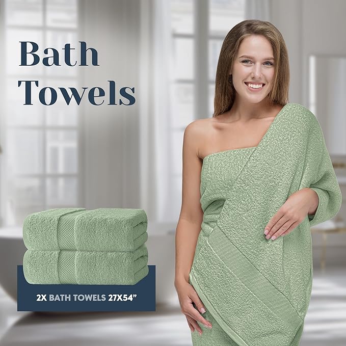 White Classic Luxury Bath Towel Set of 8 Pieces - 100% Turkish Cotton Highly Absorbent Towels for Bathroom, 2 Luxury Bath Towels 700GSM, 2 Hand Towels, 4 Washcloths, Green