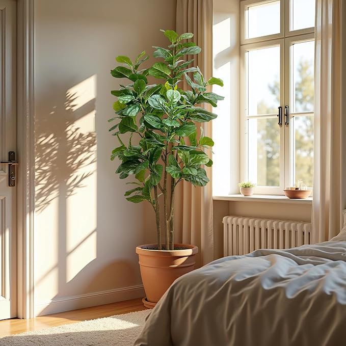 Faux Fiddle Leaf Fig Tree, 6ft Faux Plant Fake Ficus Silk Trees with White Planter, Artificial Fig Trees Floor Plants for House Office Living Room Indoor Home Decor (Fiddle Leaf)