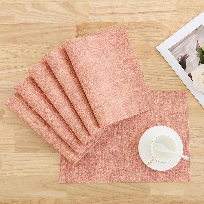 Homaxy Faux Leather Heat Resistant Placemats for Dining Table Set of 4, Waterproof Wipeable Washable PU Table Mats, Easy to Clean Anti-Slip Place Mats, 11.8" x 17", Pink