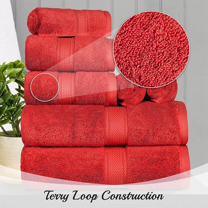 BLUENILEMILLS Madison Egyptian Cotton Towels, Towel Set for Bathroom, Shower, Hotel, Plush, 900 GSM, Highly Absorbent and Ultra-Soft Towels, Bath Essentials, 8 Piece Assorted Towel Set, Red