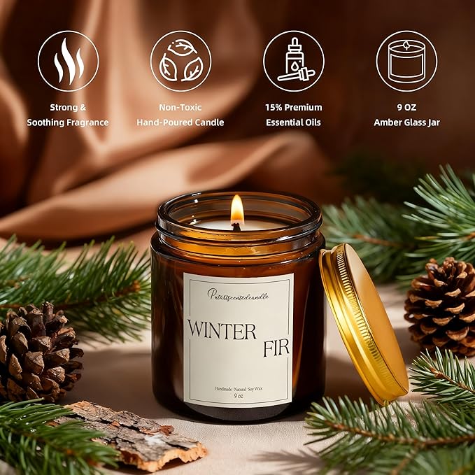 Fir Scented Candles for Home, Natural Soy Wax Aromatherapy Non Toxic Winter Fir Candle Gifts for Women Men, Home Fragrance Decoration Glass Jar Candle for Meditation and Relaxation (9oz)
