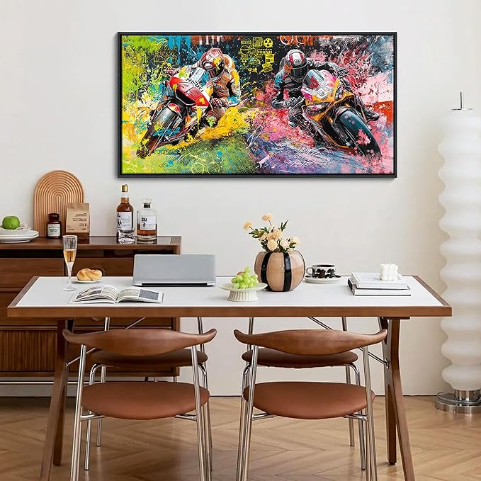 JEAWA Framed Canvas Wall Art - 20x40 In Abstract Painting Decor, Motorcycle Racing Color Graffiti Pictures, Modern Art Prints for Bedroom Living Room Bathroom Home Decoration