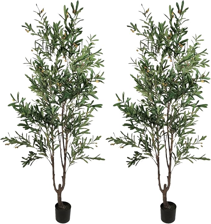 2-Pack 6ft Real Touch Faux Olive Tree with 1390 Leaves & 86 Olives, Indoor Potted Fake Plants, Nearly Natural Artificial Plants for Home Office Decor