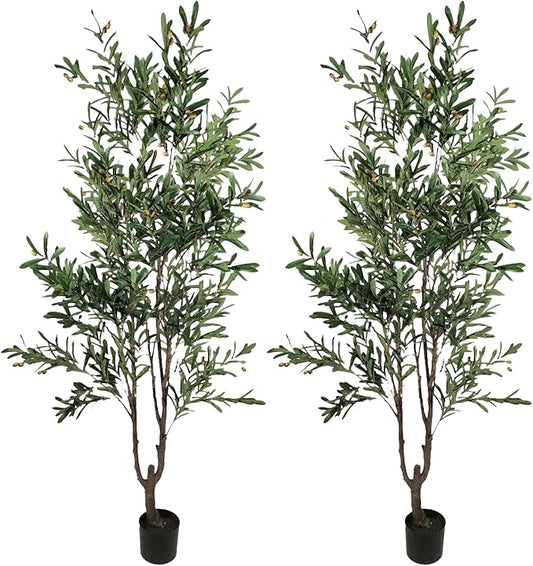 2-Pack 6ft Real Touch Faux Olive Tree with 1390 Leaves & 86 Olives, Indoor Potted Fake Plants, Nearly Natural Artificial Plants for Home Office Decor
